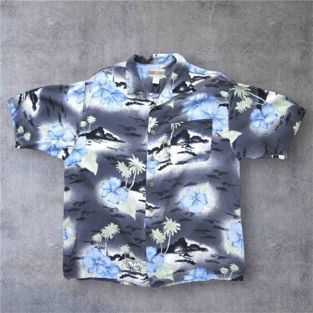 Vintage 90s Gray‎ Hawaiian Shirt Medium Rayon Floral Palm Summer Beach Dad